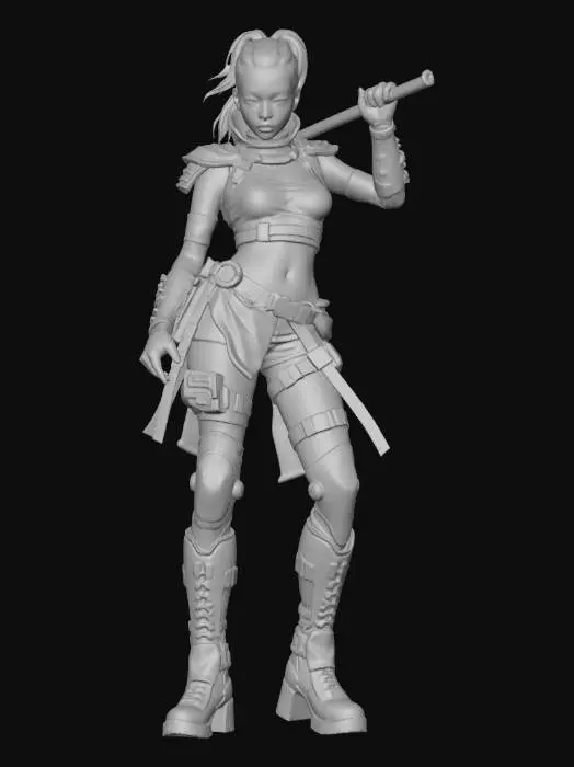 3D model for A powerful female cyberpunk street samurai, her form defined by reinforced ballistic polymers and weathered metallic plating in charcoal grey and deep crimson. Visible hydraulic pistons articulate her augmented limbs, indicating immense strength. Her combat-scarred synthetic skin and coarse, durable fabrics reveal a life of conflict, while a confident, battle-hardened expression completes her gritty aesthetic.