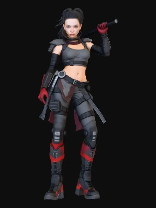 3D model for A powerful female cyberpunk street samurai, her form defined by reinforced ballistic polymers and weathered metallic plating in charcoal grey and deep crimson. Visible hydraulic pistons articulate her augmented limbs, indicating immense strength. Her combat-scarred synthetic skin and coarse, durable fabrics reveal a life of conflict, while a confident, battle-hardened expression completes her gritty aesthetic.