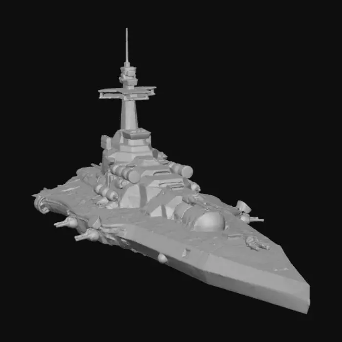 3D model for Sci-fi missile frigate, Terran fleet style. Long rectangular hull with a reinforced prow shaped like a hammerhead. Rows of vertical missile launch silos along the top deck. Exposed mechanical piping and vents on the sides. Dark grey steel texture, rust and grime. Solid utilitarian build.