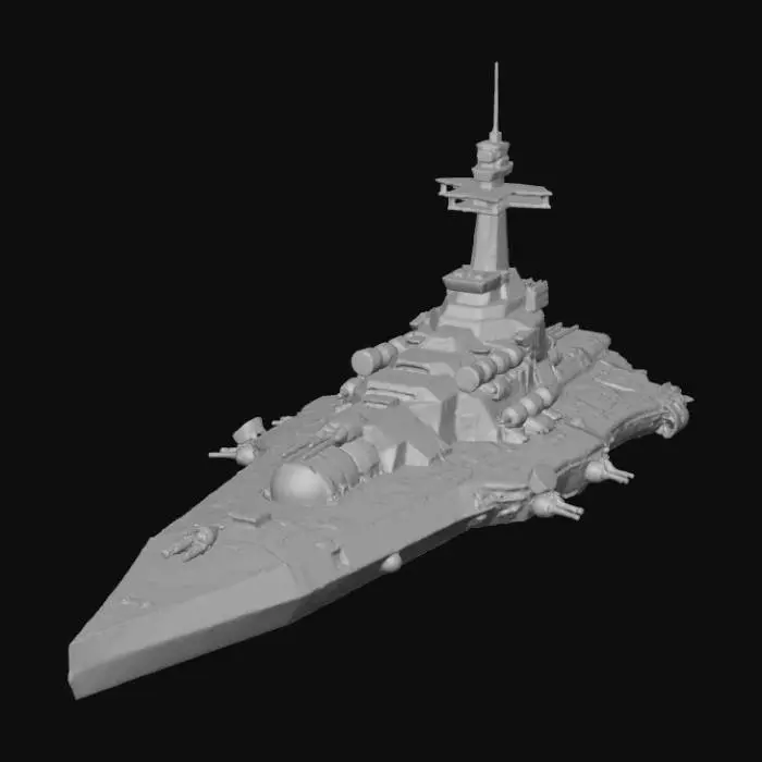 3D model for Sci-fi missile frigate, Terran fleet style. Long rectangular hull with a reinforced prow shaped like a hammerhead. Rows of vertical missile launch silos along the top deck. Exposed mechanical piping and vents on the sides. Dark grey steel texture, rust and grime. Solid utilitarian build.