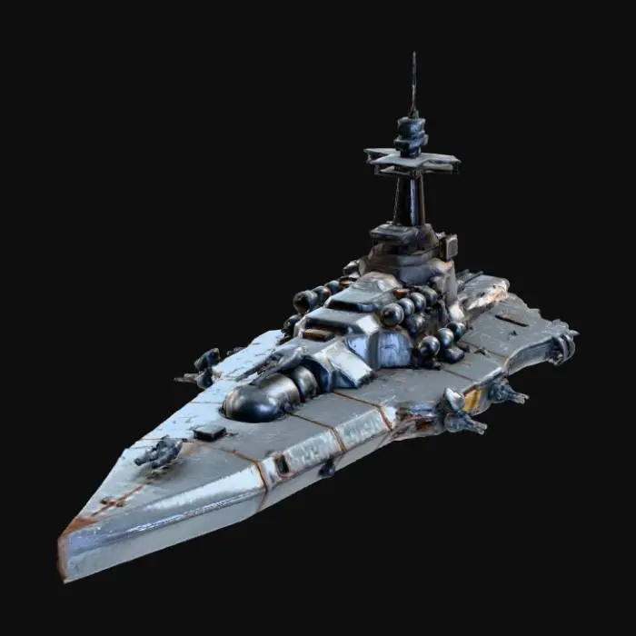 3D model for Sci-fi missile frigate, Terran fleet style. Long rectangular hull with a reinforced prow shaped like a hammerhead. Rows of vertical missile launch silos along the top deck. Exposed mechanical piping and vents on the sides. Dark grey steel texture, rust and grime. Solid utilitarian build.