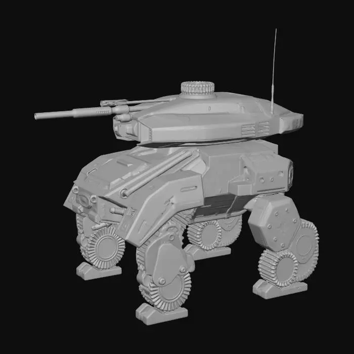 3D model for A hyper-realistic bipedal futuristic tank, heavy industrial walker, standing on two powerful mechanical hydraulic legs with digitigrade joints. The main body is a low-profile armored hull. At the head/top is a rotating unmanned spherical turret equipped with a dual-barreled railgun and advanced sensor arrays. Thick sloped composite armor plating, desert digital camouflage, exposed pistons and wiring in the leg joints. Weathered metal texture, matte finish, cinematic lighting. Hard-surface sci-fi design, 8k resolution, highly detailed mechanical engineering aesthetic, standing in a neutral pose on a flat surface.