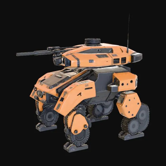3D model for A hyper-realistic bipedal futuristic tank, heavy industrial walker, standing on two powerful mechanical hydraulic legs with digitigrade joints. The main body is a low-profile armored hull. At the head/top is a rotating unmanned spherical turret equipped with a dual-barreled railgun and advanced sensor arrays. Thick sloped composite armor plating, desert digital camouflage, exposed pistons and wiring in the leg joints. Weathered metal texture, matte finish, cinematic lighting. Hard-surface sci-fi design, 8k resolution, highly detailed mechanical engineering aesthetic, standing in a neutral pose on a flat surface.