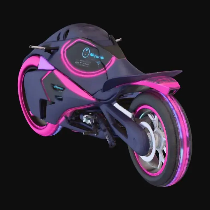 3D model for Futuristic cyberpunk hoverbike, glowing neon blue and pink light strips, sleek matte black carbon fiber hull, antigravity thrusters on bottom, aerodynamic cowling, digital dashboard, Akira style, high speed design, detailed mechanical parts, 4k texture, unreal engine 5 render style.