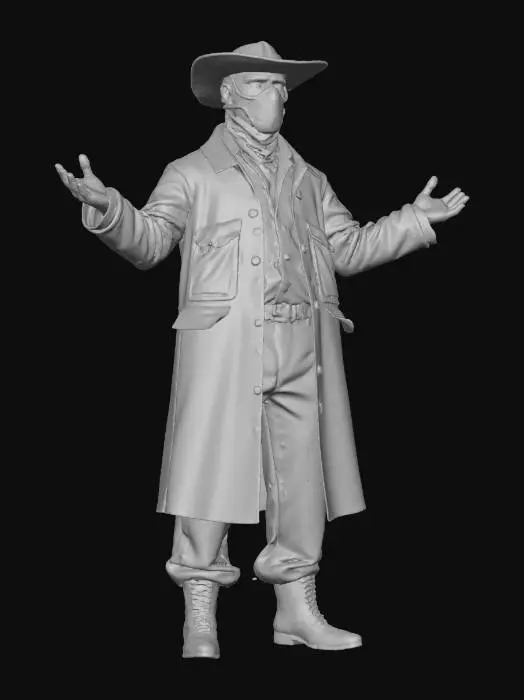 3D model for A 1980s-style desert researcher stands in a  under the harsh sun. He wears a simple, clean brown coat and faded beige trousers, both free of wear or fraying. A broad-brimmed hat shades his face, and a smooth, featureless mask covers it entirely, leaving only a neutral expression visible. The outfit is pristine and rigid, without any folds, waves, or loose elements, designed for clear modeling reference. The overall appearance is neutral and functional, emphasizing the figure’s proportions and silhouette rather than character or environment, perfect for a straightforward, unembellished 3D model.