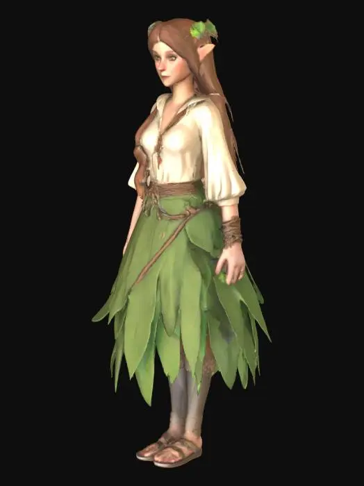 3D model for a dwarven wood elf woman who wears a skirt of leaves