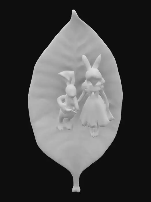 3D model for eine blattform 10*20 cm auf der zwei figuren stehen einmal alice von alice im wuinderland und einmal der weiße hase die sich egegnseitig die hand halten. mach es nicht zu klein 

der erste vorshclag war schon sehr gut mach die aufglösung noch besser und lass auf der alice die ohren des hasen weg 
