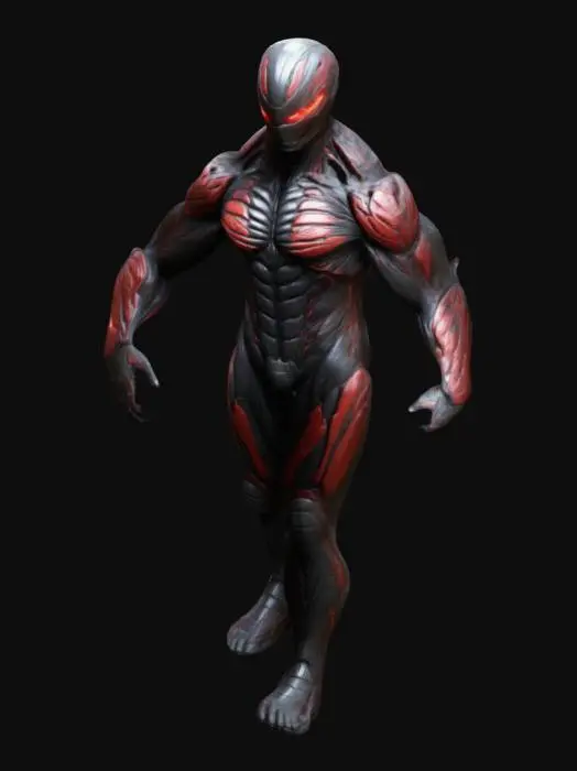 3D model for Crysis Nanosuit, muscular, black and red, glowing veins , Game Assets, Highly Detailed, Ultra Realistic, Symmetrical Body, A-pose, Full Body, ARMS AWAY FROM THE BODY
