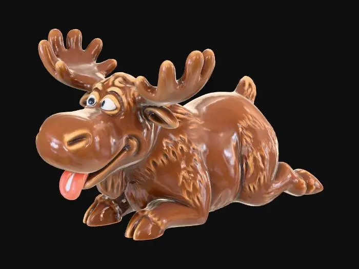 3D model for Eine fröhliche Elchfigur, robust und aus glänzendem braunem Porzellan gefertigt. Sie liegt auf dem Bauch, die Zunge hängt leicht aus dem Mund, was einen witzigen und lebhaften Gesichtsausdruck erzeugt. Die Oberfläche ist glatt und kühl, die abgerundete Form betont die liebevollen Details und die Robustheit des Materials.