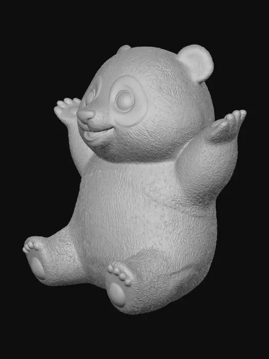 3D model for eine freche pandafigur die eine lustige geste ausführt. eine typische runde und kugelige figur hat und sie sitzt mit nach vorne ausgestreckten beinen