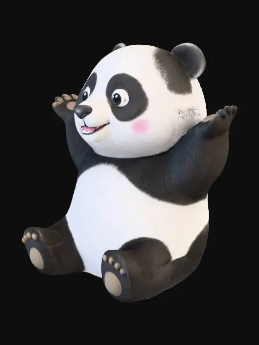 3D model for eine freche pandafigur die eine lustige geste ausführt. eine typische runde und kugelige figur hat und sie sitzt mit nach vorne ausgestreckten beinen