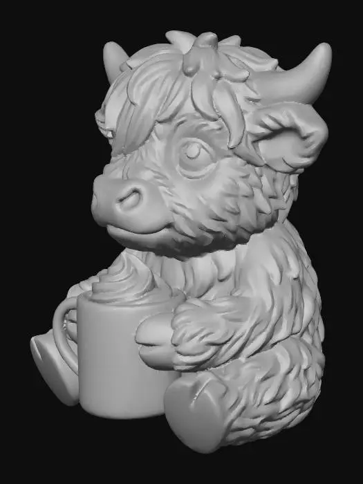 3D model for Ein Baby Hochlandrind. Es sitzt und hält zufrieden eine Tasse heiße Schokolade mit Sahnehaube in der Hand. Die Figur ist braun matt und hat kräftige aber dennoch sehr detaillierte Konturen. Die Figur sollte für den 3D Druck geeignet sein