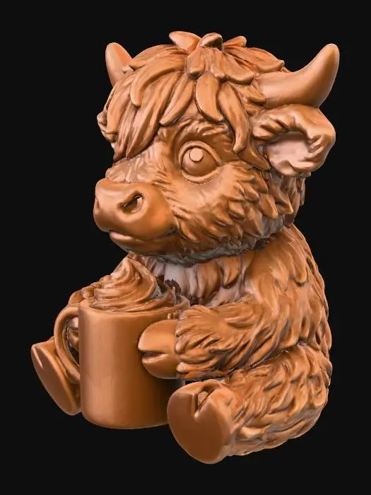 3D model for Ein Baby Hochlandrind. Es sitzt und hält zufrieden eine Tasse heiße Schokolade mit Sahnehaube in der Hand. Die Figur ist braun matt und hat kräftige aber dennoch sehr detaillierte Konturen. Die Figur sollte für den 3D Druck geeignet sein