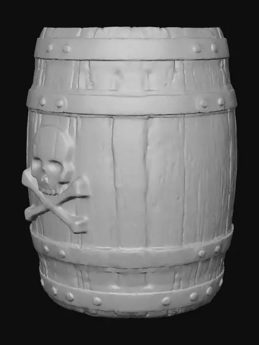 3D model for Ein altes Rumfass, das als Gefäß benutzt werden kann und daher innen hohl ist. Auf der Außenseite vom Fass befindet sich ein Piraten Emblem. Das Fass ist aus altem braunem Holz. Einfache Konturen ermöglichen einen leichten Druck.