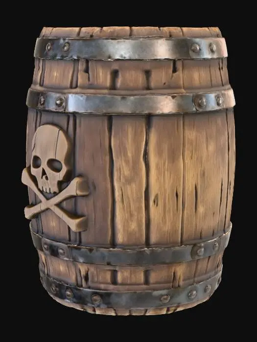 3D model for Ein altes Rumfass, das als Gefäß benutzt werden kann und daher innen hohl ist. Auf der Außenseite vom Fass befindet sich ein Piraten Emblem. Das Fass ist aus altem braunem Holz. Einfache Konturen ermöglichen einen leichten Druck.