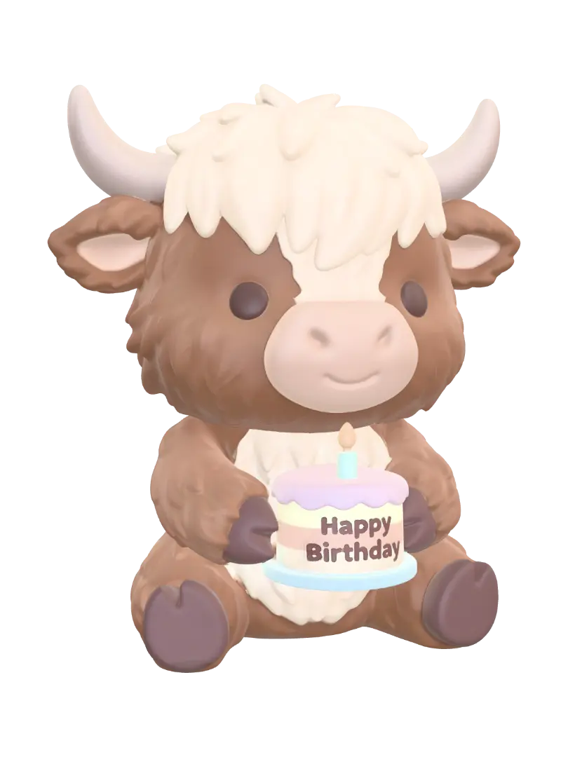 Ein Baby Hochlandrind hat Geburtstag. Sitzend und super niedlich mit kleinen… - Highlandcattle 3D model, vytvořený pomocí AI