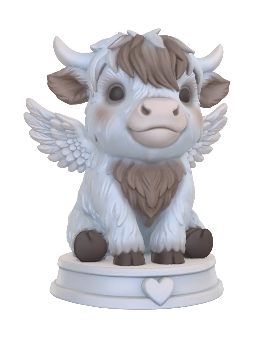 Ein niedliches Baby Hochlandrind als Schutzengel Figur. Mit Flügeln aber… - Highlandcattle 3D model, vytvořený pomocí AI