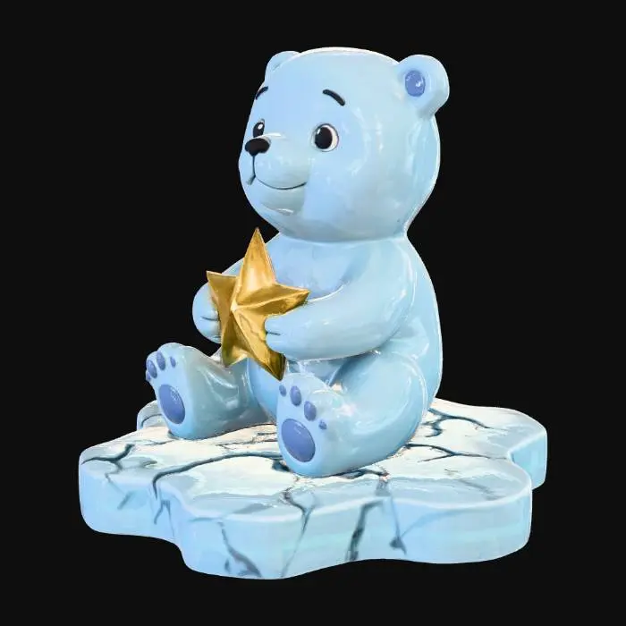 3D model for Eine kleine Baby Eisbärfigur. Aus glattem und glänzendem eisblauen Porzelan. Der kleine Eisbär ist entzückend und sitzt freundlich schauend auf einer Eisscholle und hält einen golden funkelnden Stern in den Händen