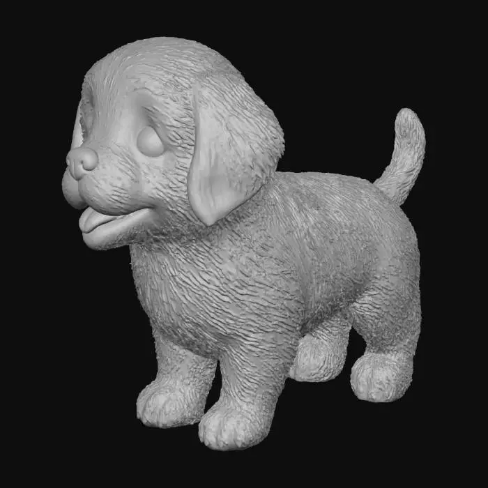 3D model for A fluffy baby golden retriever with a soft, dense coat of light golden fur, appearing extremely huggable. It features large, expressive dark eyes and an open-mouthed, cute, gentle smile, revealing a slightly pink tongue. Its body is compact and rounded, with short, stubby legs and a tiny, wagging tail, embodying a playful and endearing posture. The fur has a fine, detailed texture, suggesting soft, individual strands.