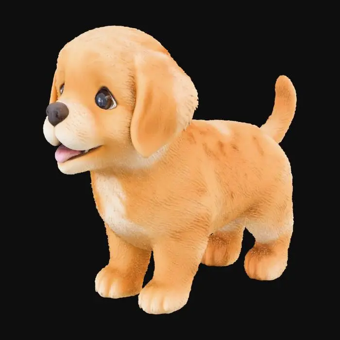 3D model for A fluffy baby golden retriever with a soft, dense coat of light golden fur, appearing extremely huggable. It features large, expressive dark eyes and an open-mouthed, cute, gentle smile, revealing a slightly pink tongue. Its body is compact and rounded, with short, stubby legs and a tiny, wagging tail, embodying a playful and endearing posture. The fur has a fine, detailed texture, suggesting soft, individual strands.