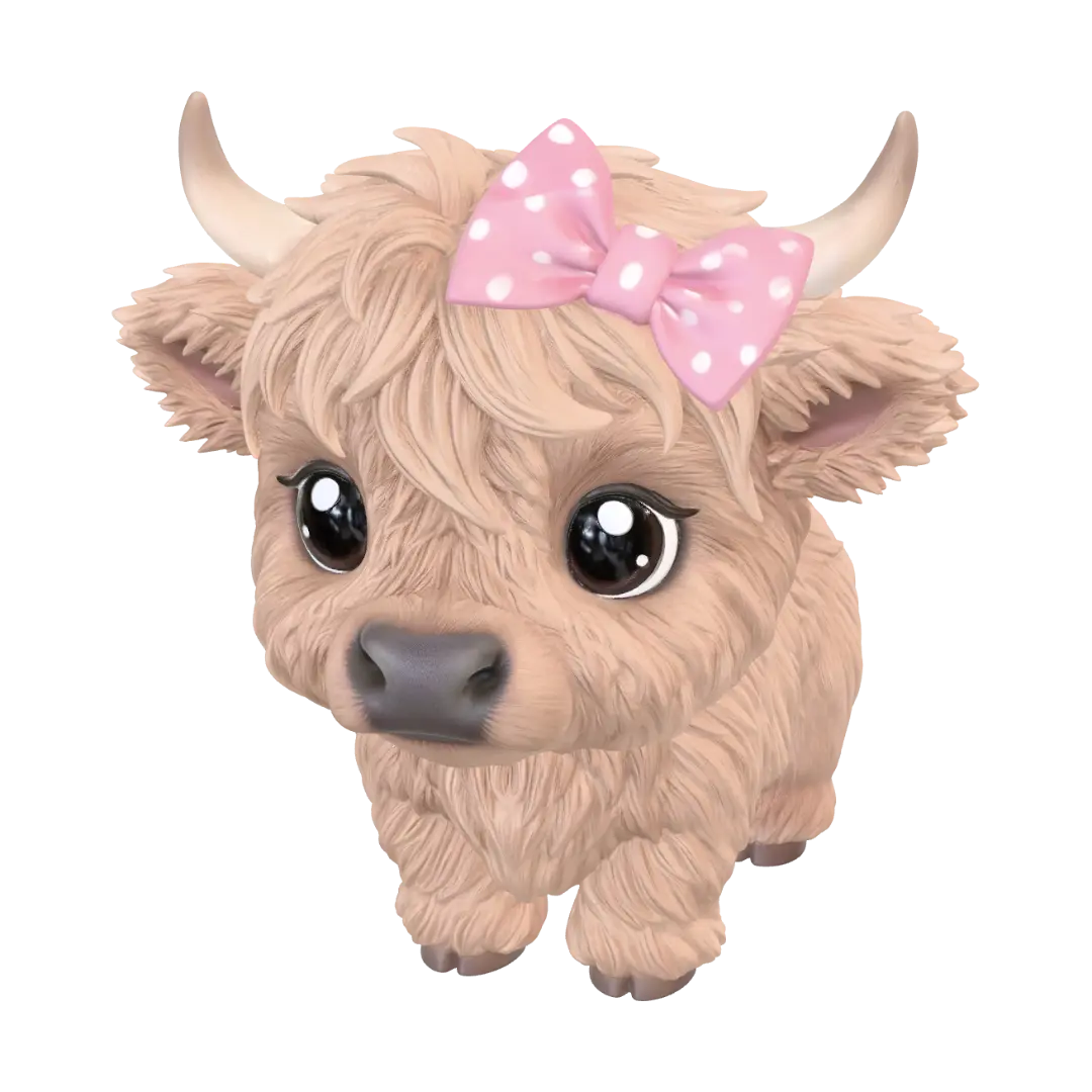 Ein kleines Baby Hochlandrind mit großen Kulleraugen, kleinen Hörnern und… - Highlandcattle 3D model, vytvořený pomocí AI