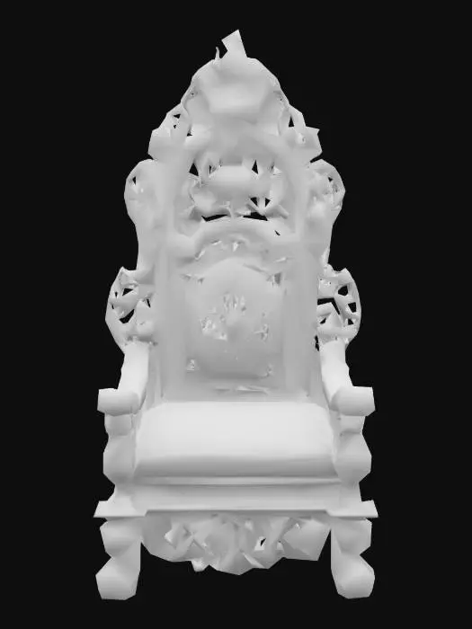 3D model for Traditional Indian sinhasan throne, carved from light polished teakwood with a smooth grain finish. Features a high backrest with deep relief lotus petals, peacock feather patterns, and ornate scrollwork. Raised side armrests with leaf-cut panels, and central circular medallion inlay upholstered in vibrant red velvet. Edges subtly darkened to emulate hand-burnished wood or laser-burnt trim. Base platform elevated on four splayed claw feet, proportioned for murti placement. Complete watertight mesh, 3D printable, museum-grade detail, #arch#