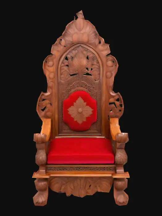 3D model for Traditional Indian sinhasan throne, carved from light polished teakwood with a smooth grain finish. Features a high backrest with deep relief lotus petals, peacock feather patterns, and ornate scrollwork. Raised side armrests with leaf-cut panels, and central circular medallion inlay upholstered in vibrant red velvet. Edges subtly darkened to emulate hand-burnished wood or laser-burnt trim. Base platform elevated on four splayed claw feet, proportioned for murti placement. Complete watertight mesh, 3D printable, museum-grade detail, #arch#