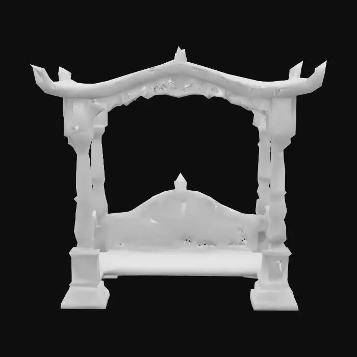 3D model for Traditional Indian ceremonial wooden swing (jhula) with two intricately carved load-bearing side columns supporting a curved ornamental canopy. Elaborate floral vine engravings and swirling paisley motifs throughout the frame. Central backrest features a blooming lotus medallion surrounded by layered foliate scrolls. Suspended seat with soft wood grain texture and rope detailing on either side. Rich reddish teakwood appearance with polished finish. Designed with symmetrical legs and lotus-bud feet. Watertight mesh, culturally accurate detailing, 3D printable, #arch#