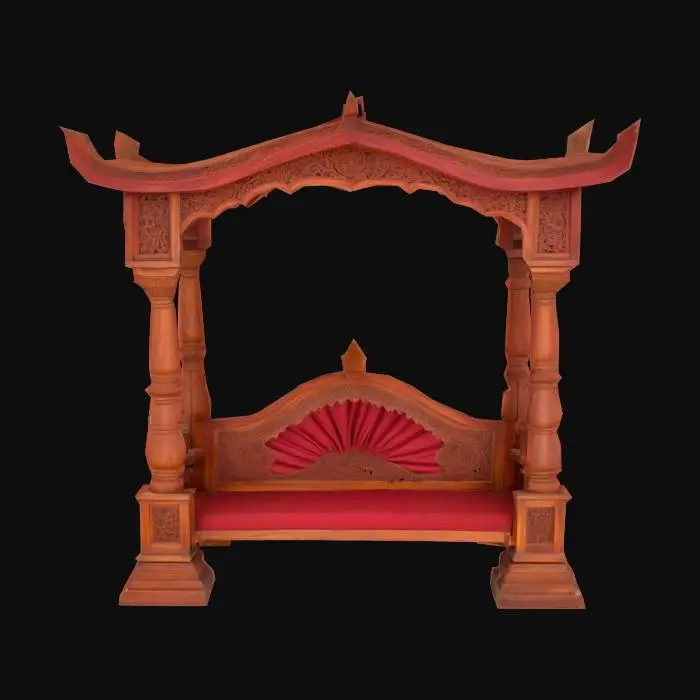 3D model for Traditional Indian ceremonial wooden swing (jhula) with two intricately carved load-bearing side columns supporting a curved ornamental canopy. Elaborate floral vine engravings and swirling paisley motifs throughout the frame. Central backrest features a blooming lotus medallion surrounded by layered foliate scrolls. Suspended seat with soft wood grain texture and rope detailing on either side. Rich reddish teakwood appearance with polished finish. Designed with symmetrical legs and lotus-bud feet. Watertight mesh, culturally accurate detailing, 3D printable, #arch#