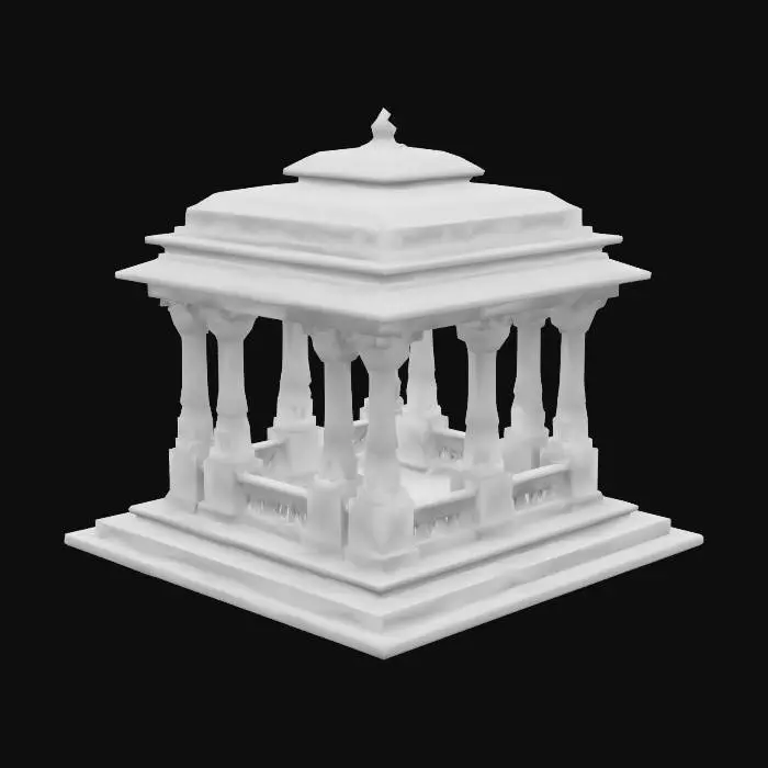 3D model for Elevated stone mandapa pavilion in Eastern Indian temple style, supported by four slender carved granite pillars with yaksha and yali reliefs spiraling up the shafts. Each pillar has octagonal bases and ornate circular abaci. Above, a tiered flat canopy with overhanging stone bells and miniature toranas is crowned by a small amalaka. The floor features lotus medallions and a central stepped plinth. Weathered black granite texture with mossy undertones and chisel marks visible. Detailed stone lattice railings on three sides. Complete standalone structure, museum-quality craftsmanship with ancient temple geometry and devotional symbolism, #arch#