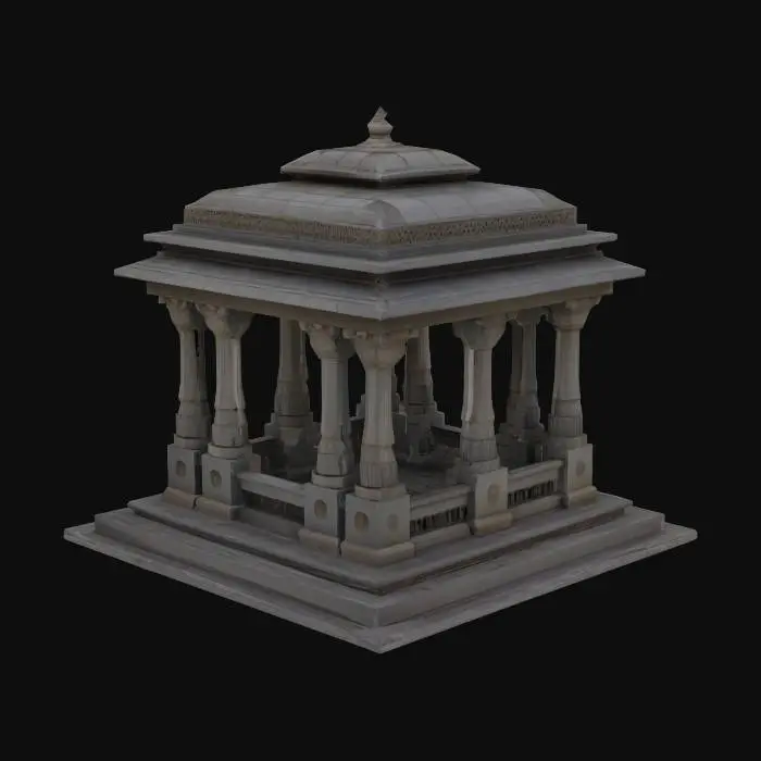 3D model for Elevated stone mandapa pavilion in Eastern Indian temple style, supported by four slender carved granite pillars with yaksha and yali reliefs spiraling up the shafts. Each pillar has octagonal bases and ornate circular abaci. Above, a tiered flat canopy with overhanging stone bells and miniature toranas is crowned by a small amalaka. The floor features lotus medallions and a central stepped plinth. Weathered black granite texture with mossy undertones and chisel marks visible. Detailed stone lattice railings on three sides. Complete standalone structure, museum-quality craftsmanship with ancient temple geometry and devotional symbolism, #arch#