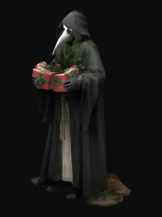 3D model for Realistic plague doctor, holding a Christmas tree in his right hand and a Christmas present in his left hand.