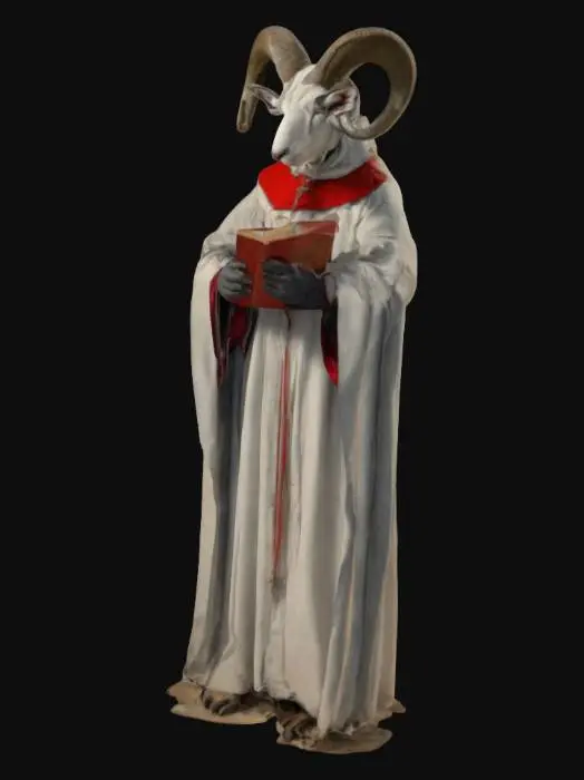 3D model for A long thin man, horned goat's head, dressed in a cassock, standing grandly, holding in his hand a medieval manuscript with a red seal.