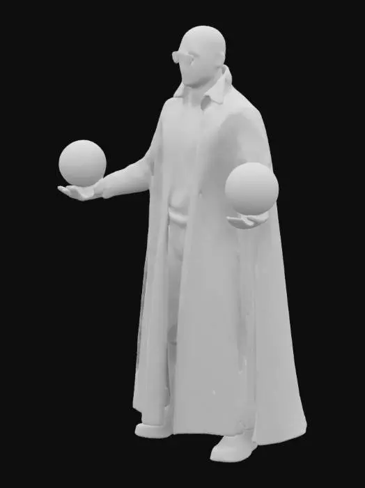 3D model for Realistic Morpheus from The Matrix, black round glasses, leather cape, holding a red Christmas tree ball in his right hand, holding a blue Christmas tree ball in his left hand.