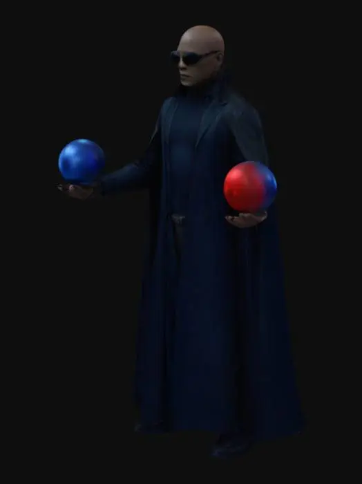3D model for Realistic Morpheus from The Matrix, black round glasses, leather cape, holding a red Christmas tree ball in his right hand, holding a blue Christmas tree ball in his left hand.