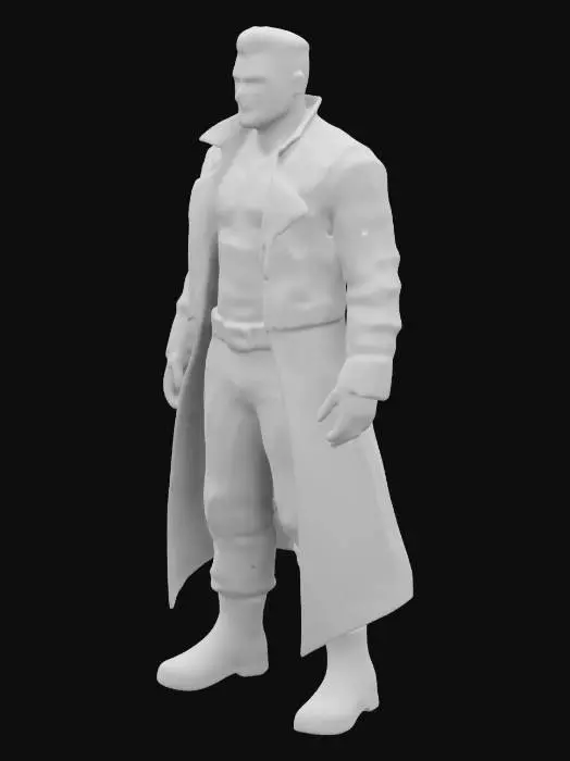 3D model for A realistic 3D model of a man in a black leather jacket, black leather trousers and boots standing in anticipation of danger. A wiry but slightly skinny physique, a stern expression on Mel Gibson's face, a small scar on his left cheek. Creases in his clothes, leather texture, metallic elements, a holster with a pistol attached to his right leg. Post-apocalyptic style.