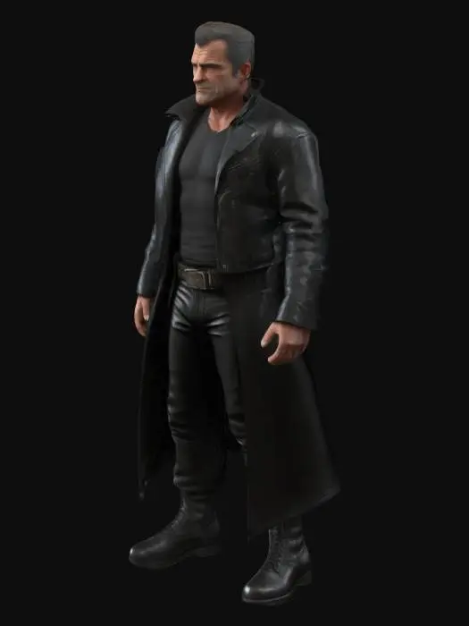 3D model for A realistic 3D model of a man in a black leather jacket, black leather trousers and boots standing in anticipation of danger. A wiry but slightly skinny physique, a stern expression on Mel Gibson's face, a small scar on his left cheek. Creases in his clothes, leather texture, metallic elements, a holster with a pistol attached to his right leg. Post-apocalyptic style.