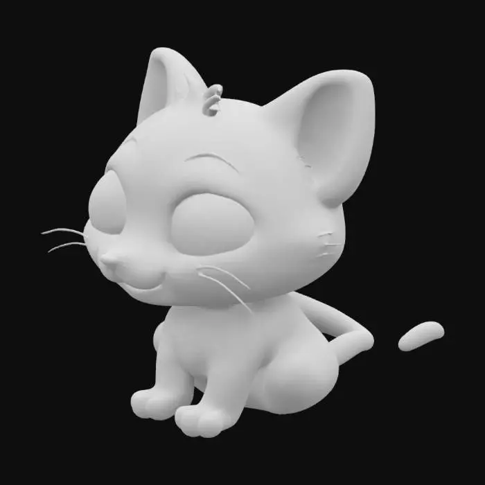 3D model for a cute little black cat with big glowing eyes in a cartoon style
