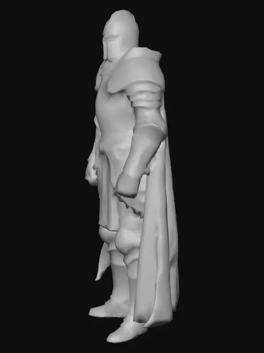 3D model for adventure character wearing knight armor with his helmet covering everything except for the bottom of his face/his mouth and jaw. He should have one shoulder pauldron bigger than the other and more flat on the top because thats where his sidekick will sit. no cape and medieval style fantasy armor