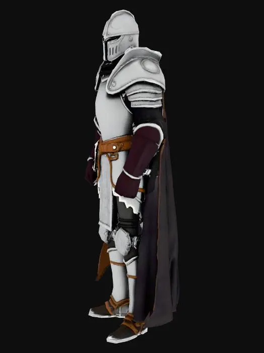 3D model for adventure character wearing knight armor with his helmet covering everything except for the bottom of his face/his mouth and jaw. He should have one shoulder pauldron bigger than the other and more flat on the top because thats where his sidekick will sit. no cape and medieval style fantasy armor