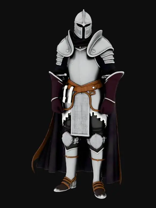 3D model for adventure character wearing knight armor with his helmet covering everything except for the bottom of his face/his mouth and jaw. He should have one shoulder pauldron bigger than the other and more flat on the top because thats where his sidekick will sit. no cape and medieval style fantasy armor