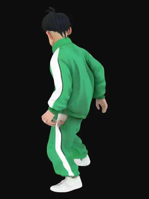 3D model for “A middle-aged Korean man with slightly messy short black hair, wearing a green Squid Game tracksuit with the number 456 on the chest and back. He has a normal, slightly lean build, with a kind but tense expression. He looks determined yet compassionate, showing signs of stress from the deadly survival game. The background is minimal or a game arena style