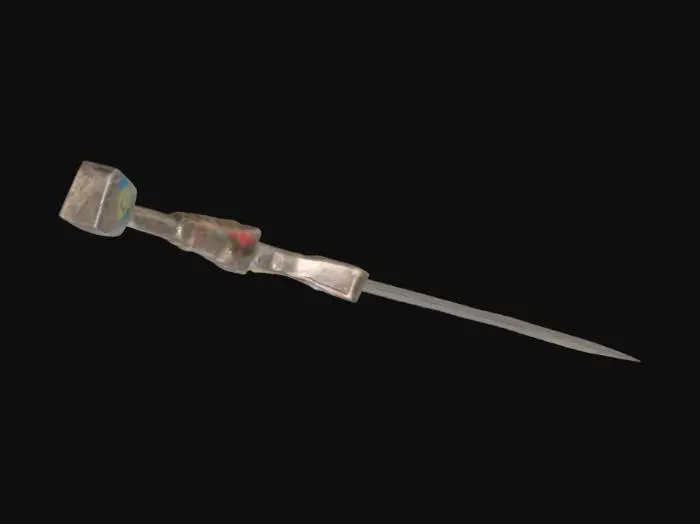 3D model for Single-handed “Valorant-style” sword, 95 cm overall length. Blade: straight, 60 cm long, wide flat profile with tapered tanto-inspired tip; spine features shallow geometric cut-outs forming hex steps, giving a tech-y silhouette. A shallow central fuller ends in a triangular aperture near the guard that reveals a glowing energy conduit running the blade’s core. Guard: minimalistic slanted cross-piece, 12 cm wide, asymmetrically canted forward with beveled edge facets. Grip: 25 cm ergonomic handle—octagonal cross-section with subtle finger indents. Pommel: short chamfered cap housing a triangular “kill counter” LED panel. Proportions balanced for agile melee animations; stance neutral/upright.```
