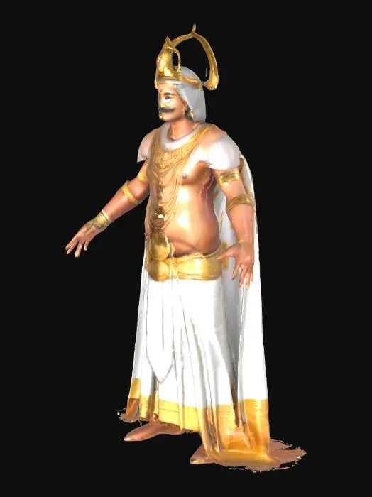 3D model for Majestic Maveli, kindly middle-aged male, sturdy slightly pot-bellied torso, broad shoulders; oval face, thick curved mustache, gentle smile; tall layered Kerala kireedam crown; large studded ear discs; bare upper chest draped in multiple gold chains; white cotton mundu folded to knee with wide gold kasavu border; ornate waist belt, ankle bangles; optional palm-leaf parasol slung on back.  #Var 1 crown shorter, #Var 2 slimmer build
