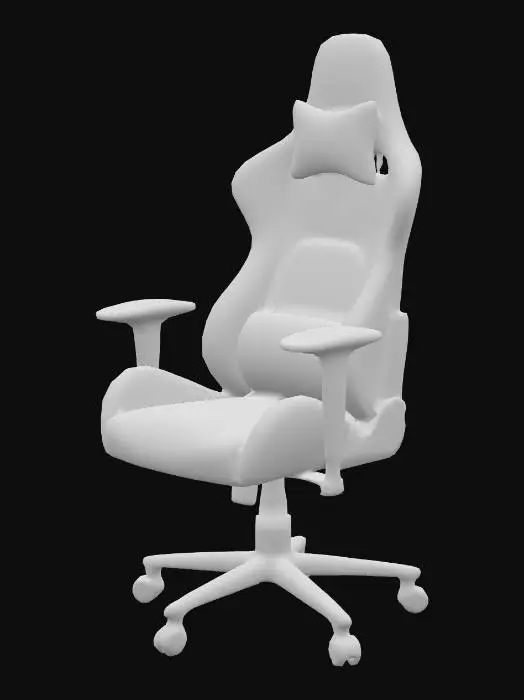 3D model for Racing-style gaming chair, ergonomic high backrest with head-/lumbar cushions, bucket seat, adjustable 4-D armrests, black and red PU leather upholstery, metal five-caster base