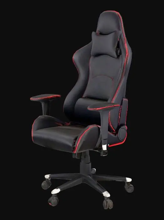 3D model for Racing-style gaming chair, ergonomic high backrest with head-/lumbar cushions, bucket seat, adjustable 4-D armrests, black and red PU leather upholstery, metal five-caster base