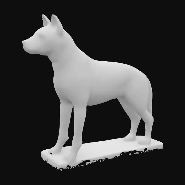 3D model for Life-size husky dog statue; athletic, compact build; proud head carried high; triangular erect ears; almond-shaped eye sockets; thick double-coat hinted by layered fur carving; deep chest tapering to tucked abdomen; bushy sickle tail curved over back; powerful forelegs, angled hindquarters; paws with distinct toes and blunt claws; integral low plinth beneath all four paws for stability.  #Var 1 tail lowered behind, #Var 2 subtle snarling muzzle
