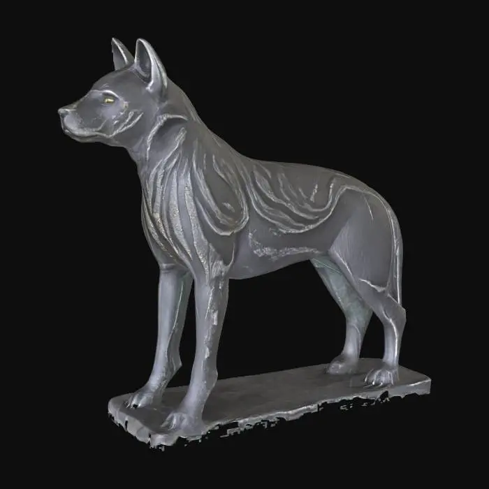 3D model for Life-size husky dog statue; athletic, compact build; proud head carried high; triangular erect ears; almond-shaped eye sockets; thick double-coat hinted by layered fur carving; deep chest tapering to tucked abdomen; bushy sickle tail curved over back; powerful forelegs, angled hindquarters; paws with distinct toes and blunt claws; integral low plinth beneath all four paws for stability.  #Var 1 tail lowered behind, #Var 2 subtle snarling muzzle
