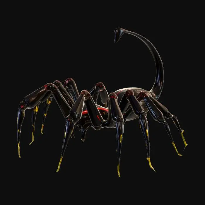 3D model for cyberpunk style spider with black body, and red accent with small head and big tail with long legs with yellow tips