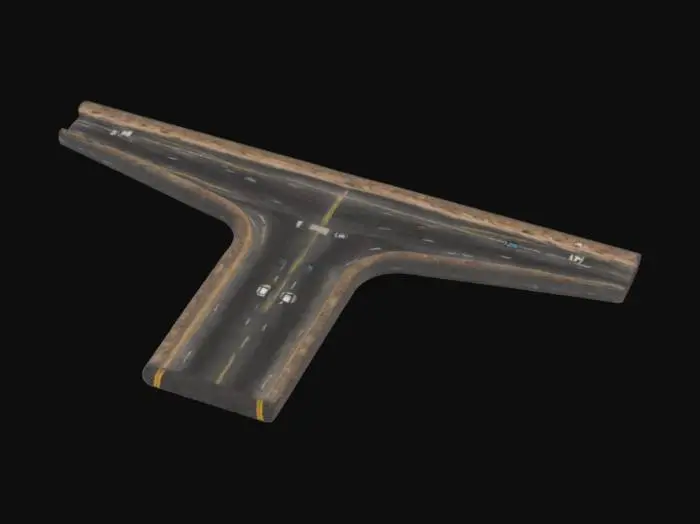 3D model for Create a 3D model of an A-graded asphalt road in the desert leading to a T-junction. The road is smooth, slightly elevated, with no markings or signs. Surround it with sand dunes, rocks, and sparse shrubs. The sand shows natural wind patterns and subtle color variations. Use bright daylight with clear skies and natural shadows to emphasize the textures and vast desert atmosphere.